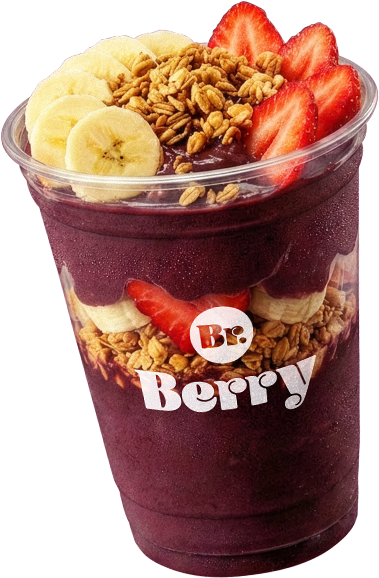 BR Berry açaí cup topped with banana, granola and strawberry