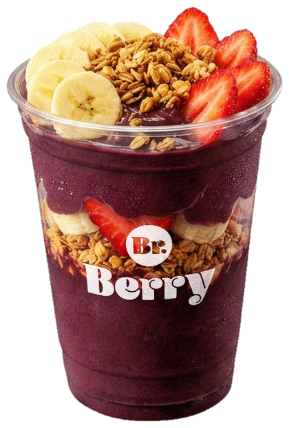 BR Berry açaí cup topped with banana, granola and strawberry